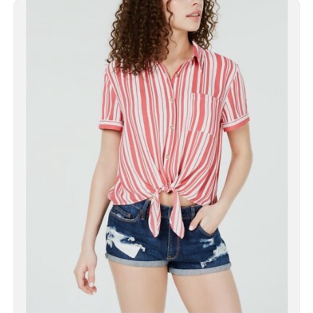 Hippie Rose Size XL Red White Striped Short Sleeve Front Tie Button Down Shirt